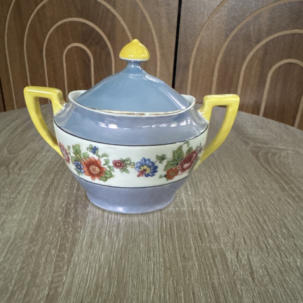 PM Bavaria Porcelain Floral Sugar Bowl, Blue Yellow, Handles, Lid, Lustre